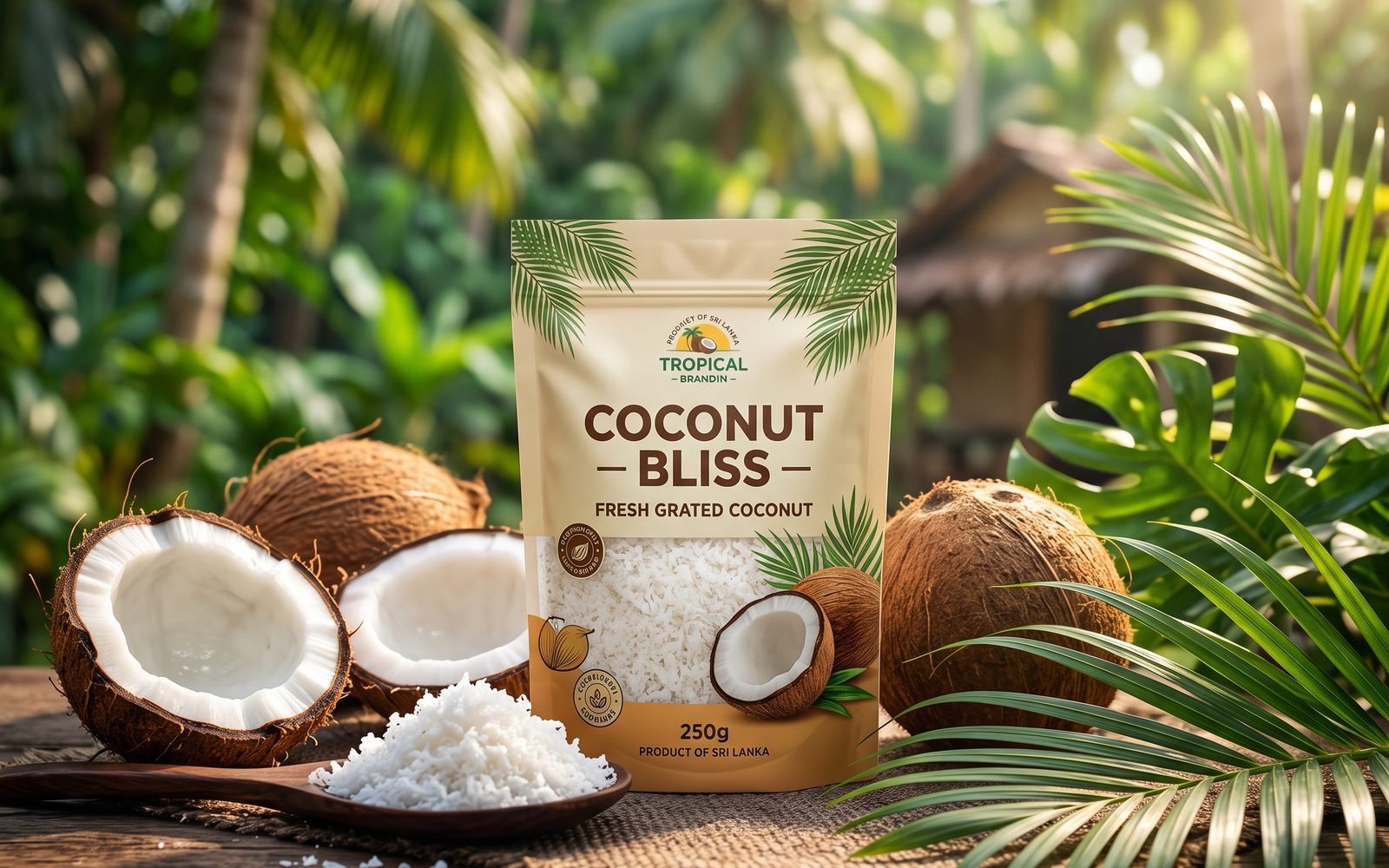 Fresh grated coconut pack among coconuts and palm