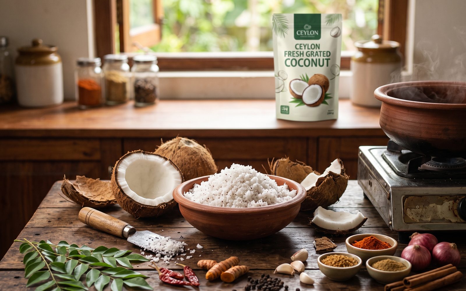 Grated coconut in a clay bowl on a kitchen table