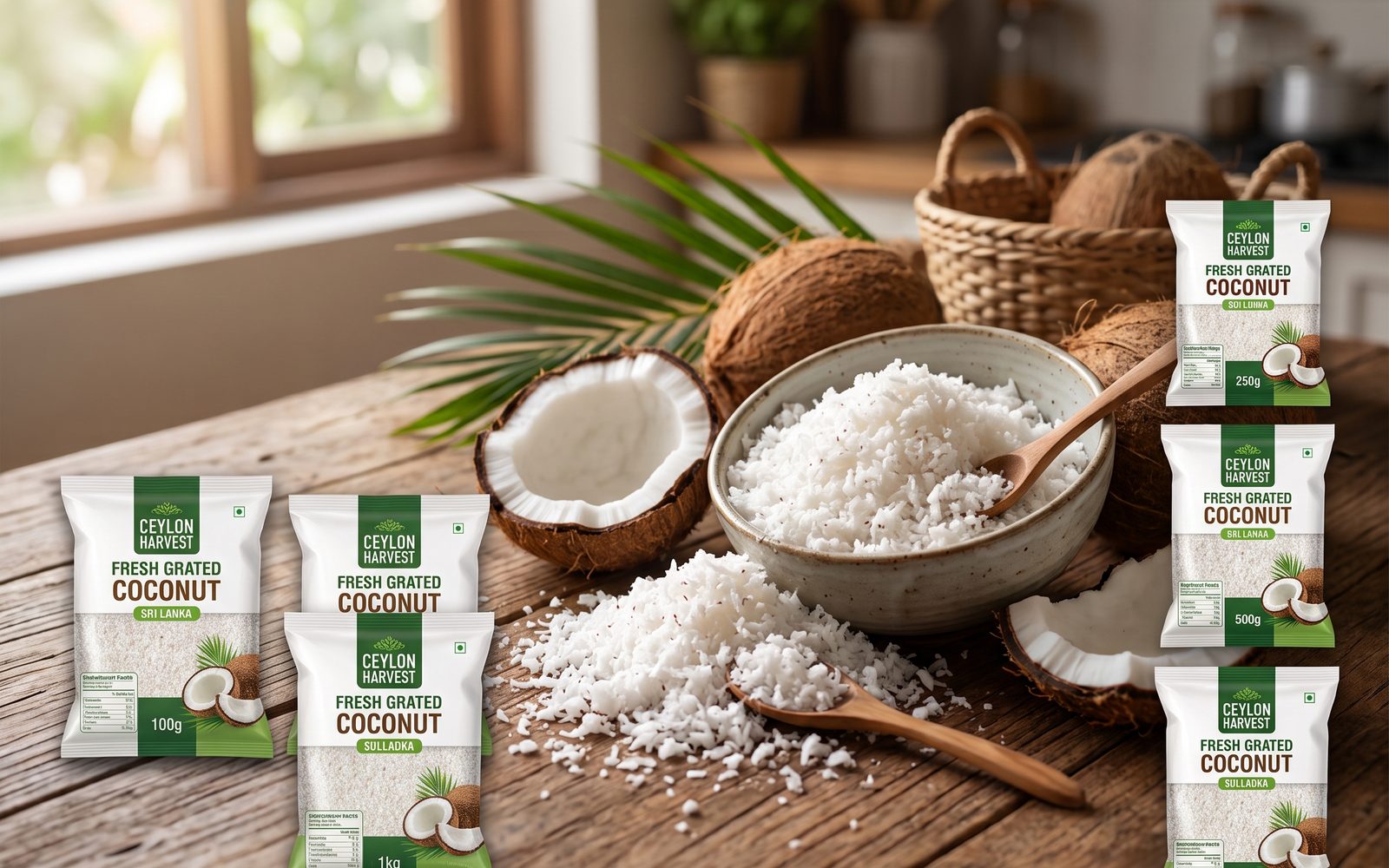 Packs of grated coconut with curry spices
