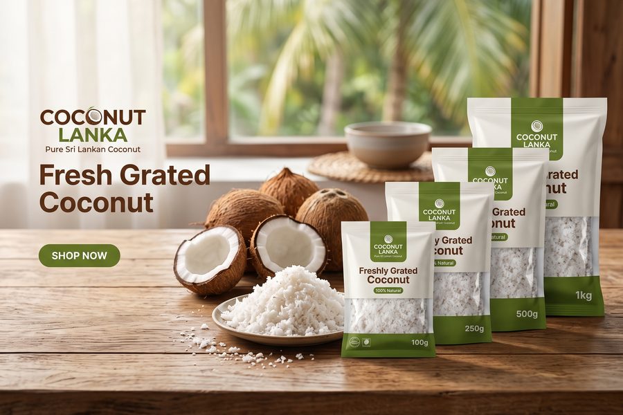 Grated coconut packs stacked for a bulk order