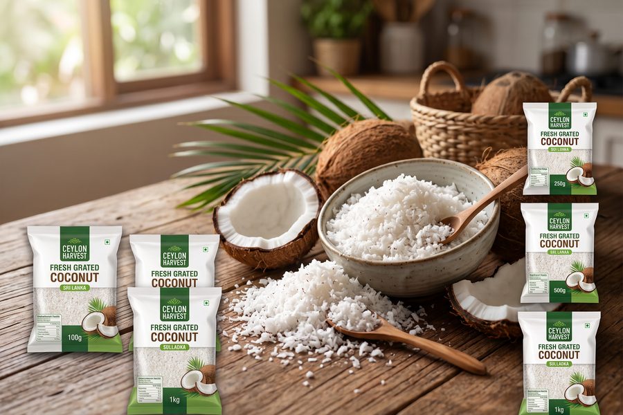 Grated coconut and spices on a work table