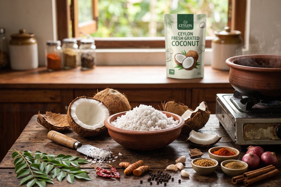 Coconuts and grated coconut in a kitchen